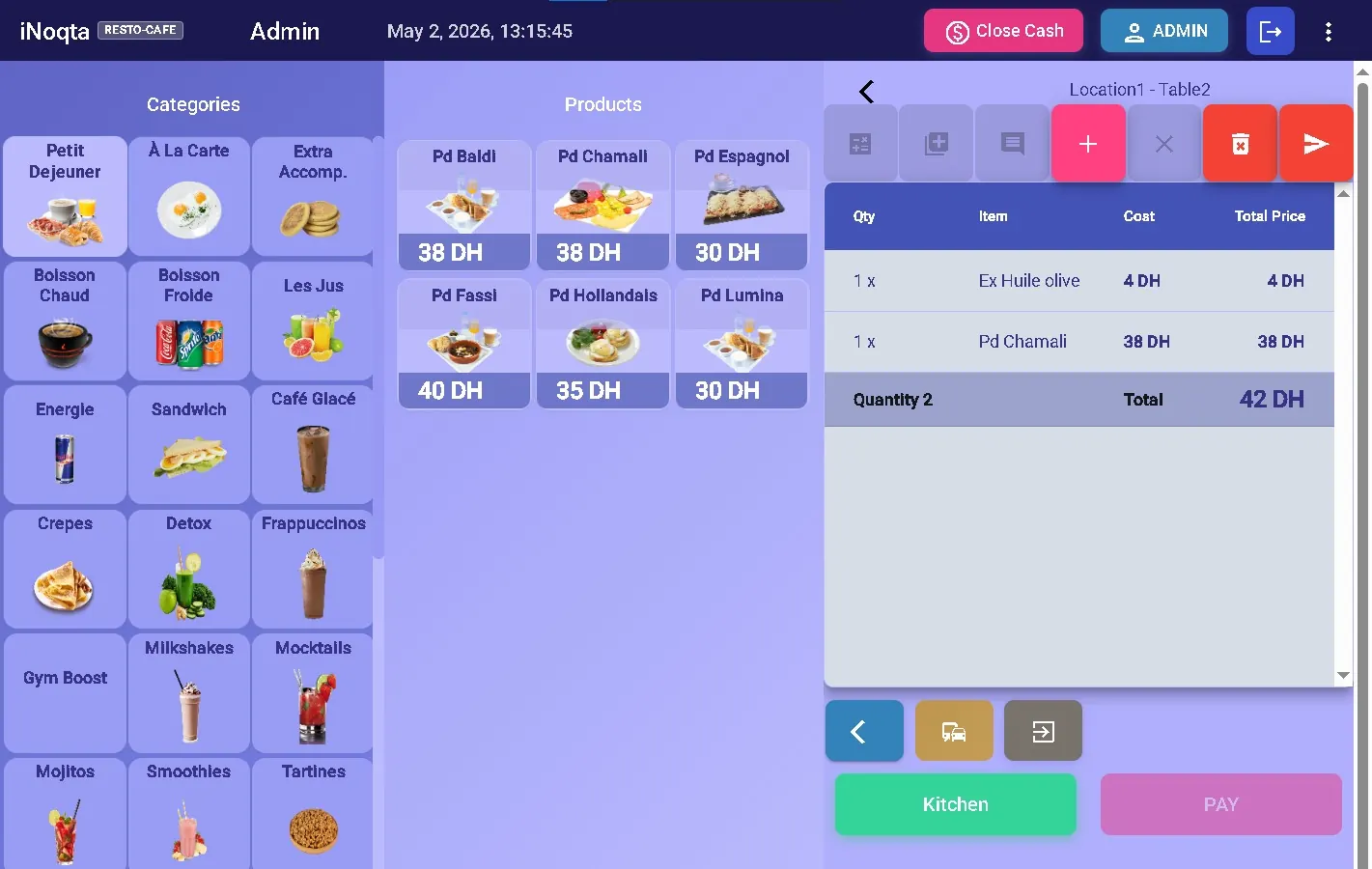 Commande restaurant en cours sur Inoqta POS — table envoyée en cuisine
